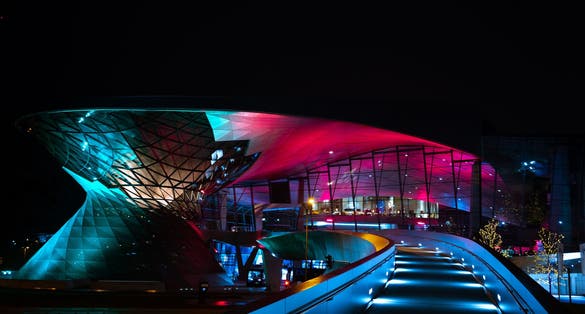 Photo of BMW Welt at night, Germany.