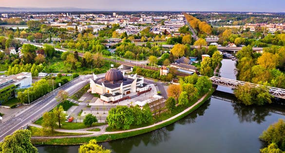 The Great Mosque of Strasbourg and the Ill river. Alsace, France