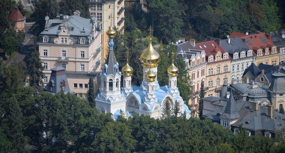 Photo of aerial view of Saint Peter and Paul Cathedral (Pravoslavny Kostel Svateho Petra a Pavla) in Carlsbad / Karlovy Vary, Czech Republic.