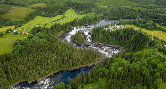 photo of aerial view of Ristafallet waterfall in Hålland in Sweden.