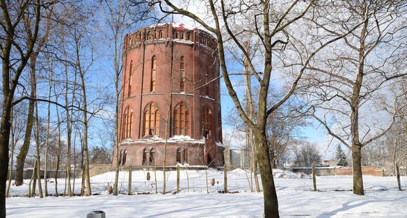 Old water tower in winter Gliwice, Poland