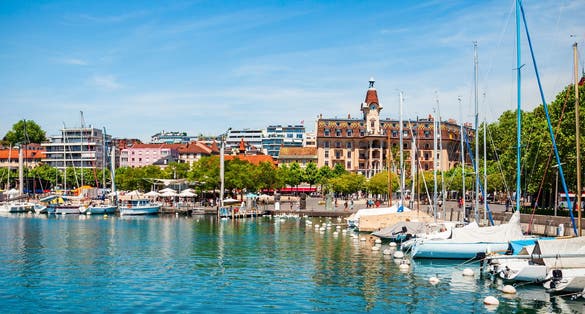 Photo of yachts in Lausanne port. Losanna is capital city and biggest town of Vaud canton, located on shores of Lake Geneva in Switzerland.