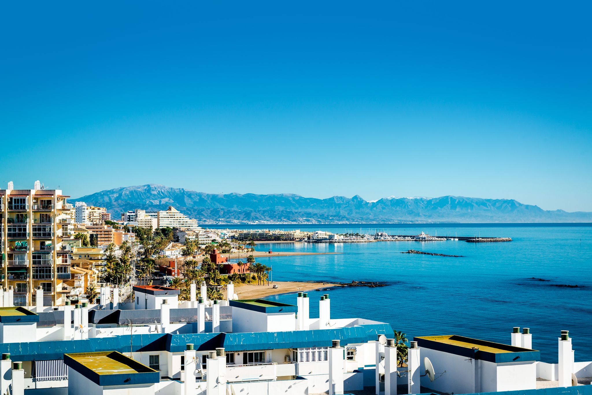 Photo of aerial view of Benalmadena coastal town in Andalusia in southern Spain.