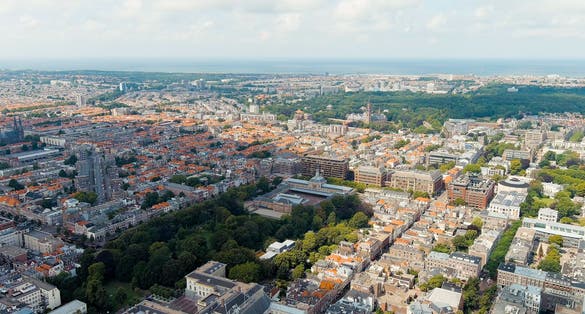 photo of aerial view of The Hague city with Noordeinde Palace in The Netherlands.