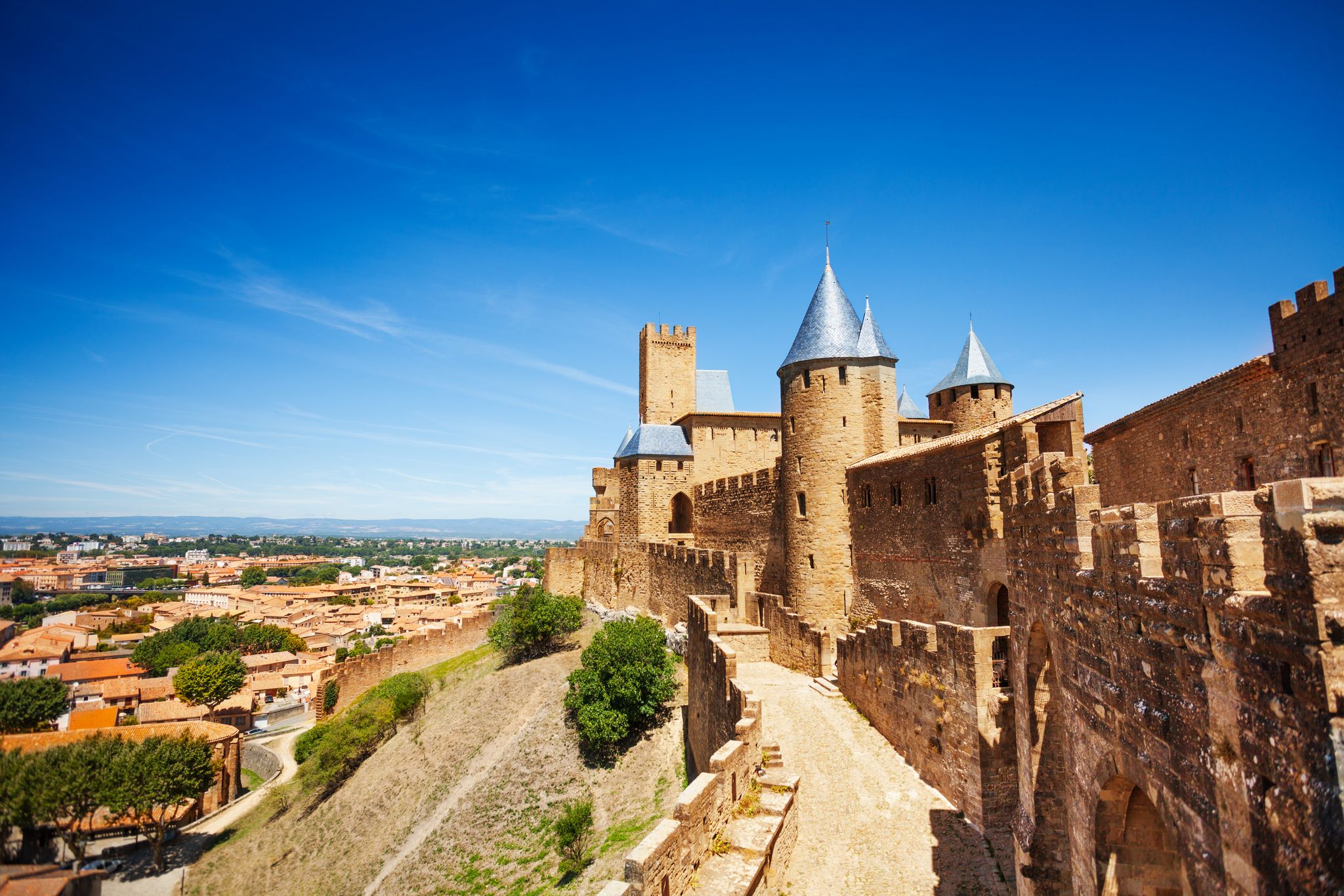 Photo of Western walls of Cite de Carcassonne in France.