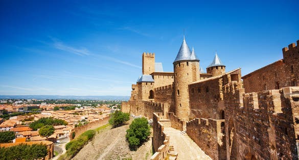 Photo of Western walls of Cite de Carcassonne in France.