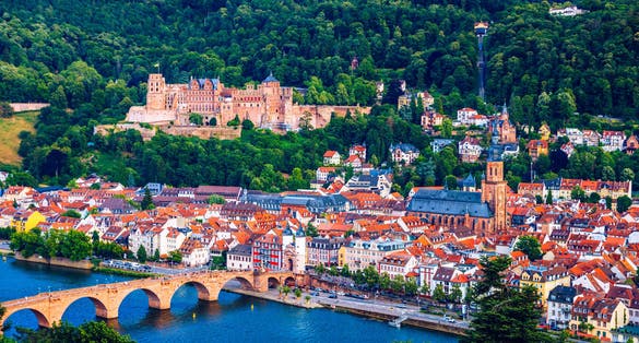 photo of view of Heidelberg skyline aerial view from above. Heidelberg skyline aerial view of old town river and bridge, Germany. Aerial View of Heidelberg, Germany Old Town. Video of the aerial view of Heidelberg.