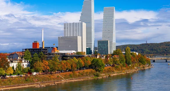 Photo of office buildings cityscape on the Rhine River in autumn.Basel, Switzerland.