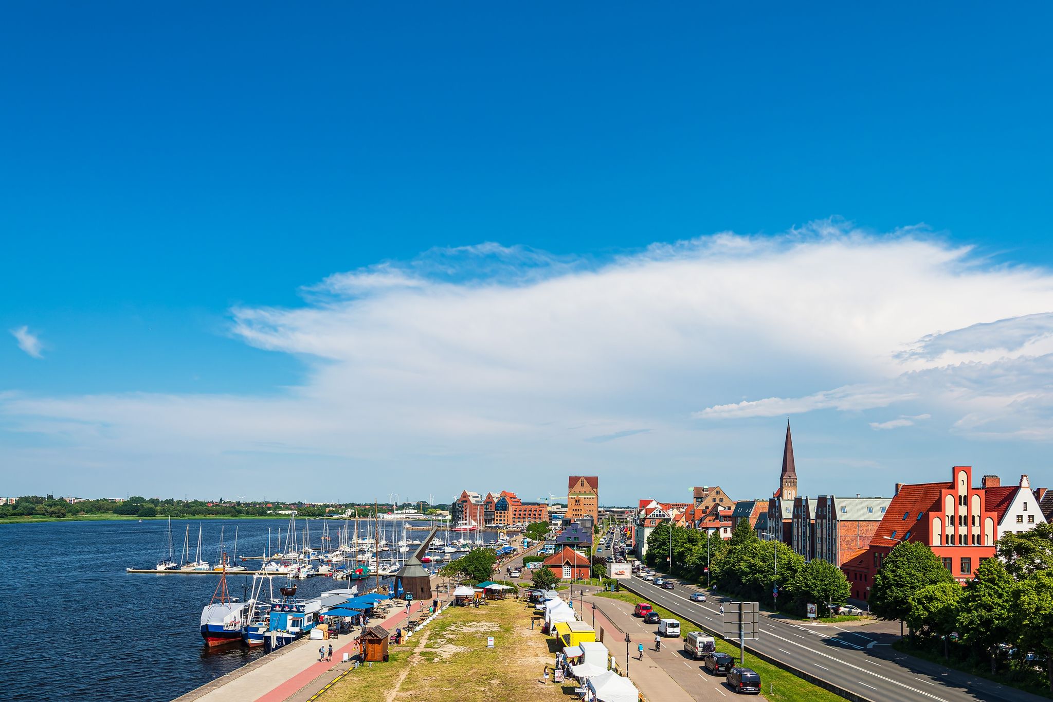photo of aerial view of historical buildings in the city of Rostock, Germany.