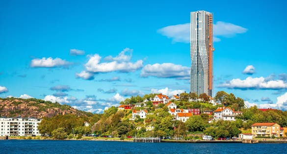 View of Gothenburg coastline and construction site of largest Scandinavian skyscraper, Vastra Gotaland County of Sweden