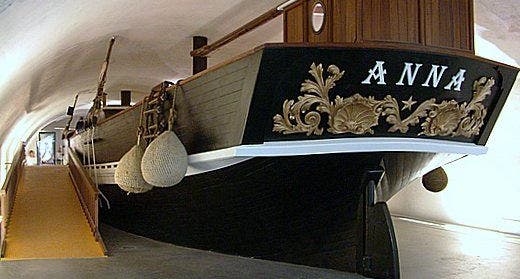 photo of view Stern of the brigantine "Anna" Galata Museo del Mare travel guide, Genoa, Italy.