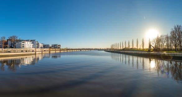 Wedel, Germany, near Hamburg. The Schulau Harbor (German: Schulauer Hafen) on a sunny winter day at sunset.