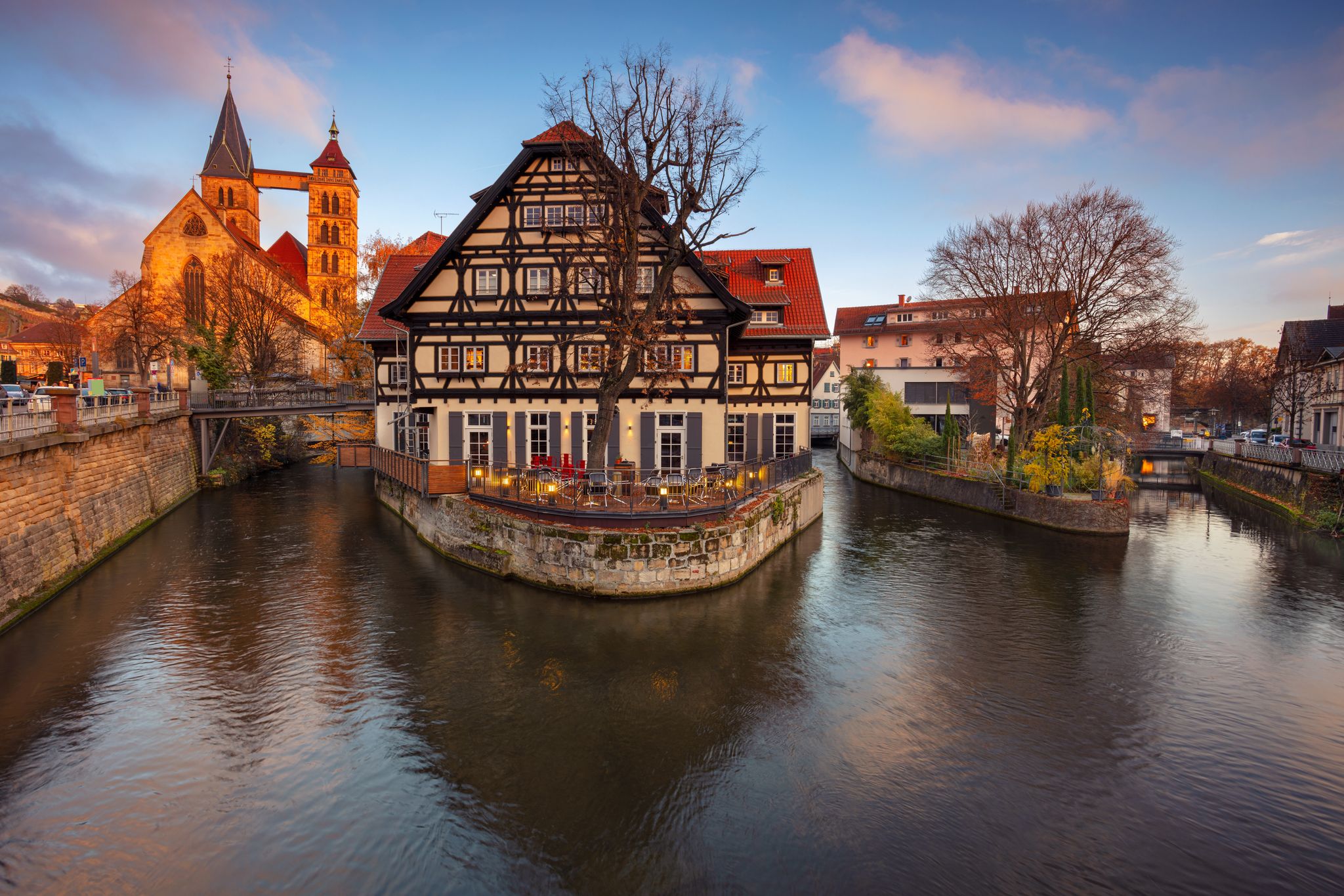 Photo of Esslingen am Neckar, Germany. Cityscape image of the picturesque old town of Esslingen is Neckar, Germany located in the Stuttgart region at autumn sunset.