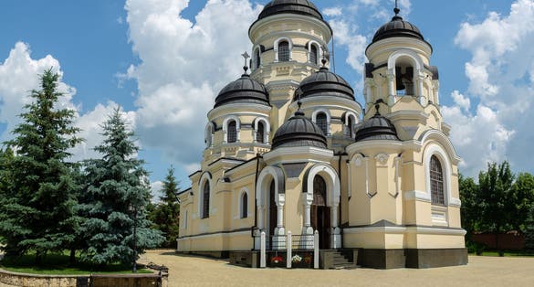 Photo of Capriana Monastery in Moldova. View of the winter church of St George in Neo-Byzantine style.