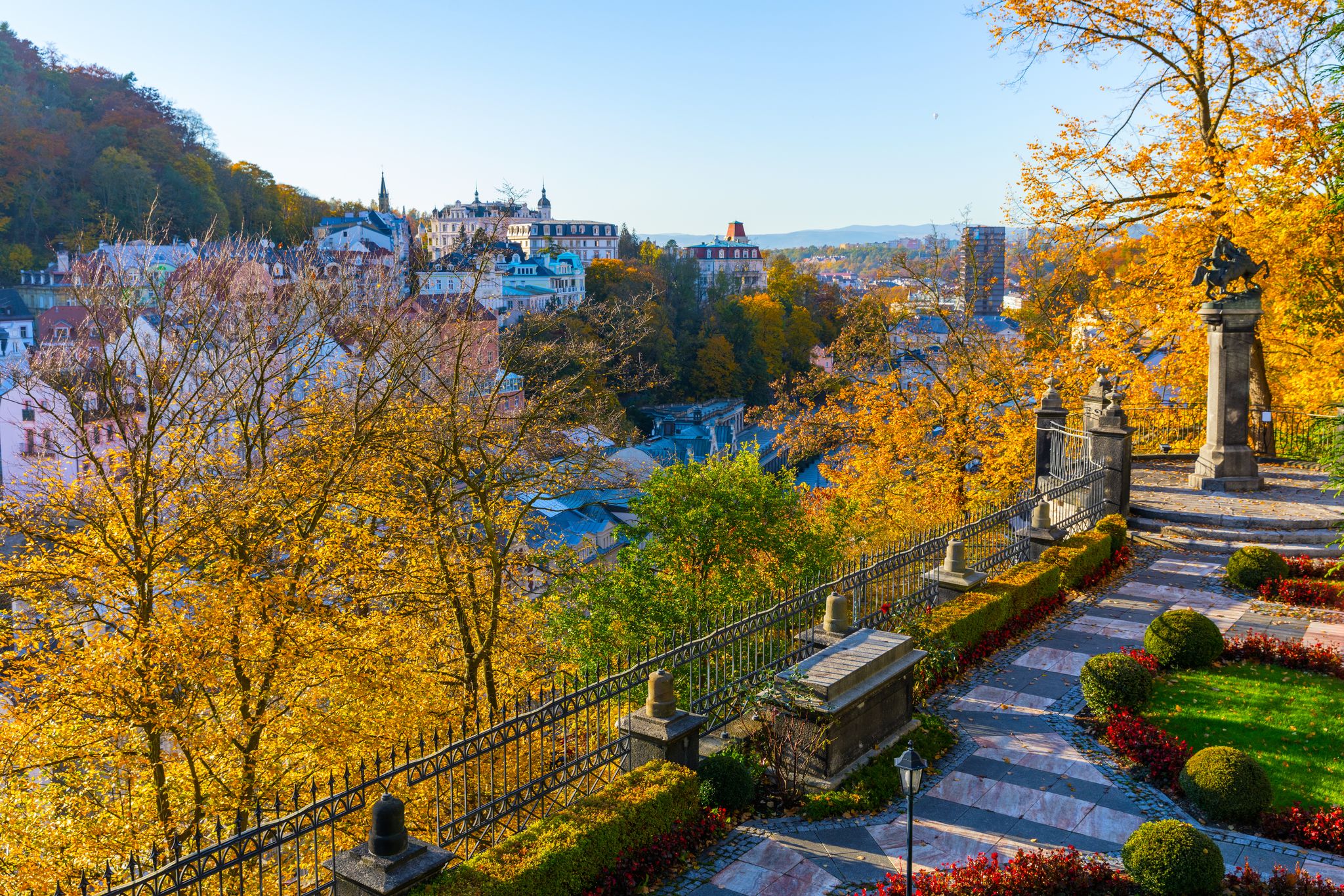 Photo of Autumn view of old town of Karlovy Vary (Carlsbad), Czech Republic.