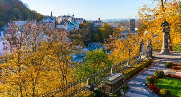 Photo of Autumn view of old town of Karlovy Vary (Carlsbad), Czech Republic.