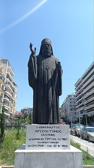 photo of view of Chrysostomos of Smyrna statue, Agias Sofias Square, Thessaloniki, Greece.