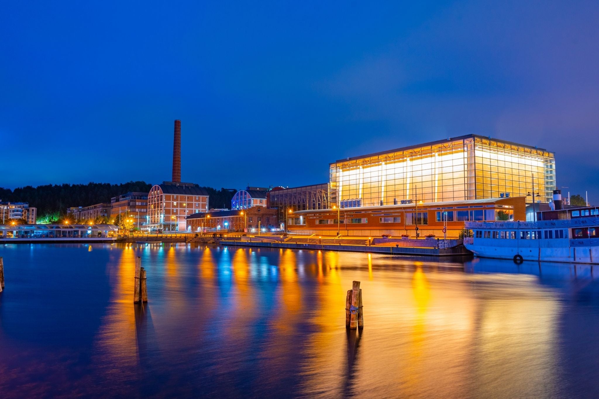 Night view of Sibelius Hall in Lahti, Finland.