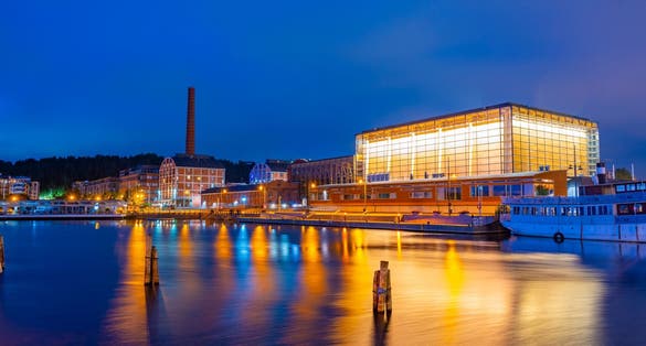 Night view of Sibelius Hall in Lahti, Finland.