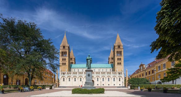 The Cathedral of Pécs (Pécsi Bazilika) with sunshine and blue sky