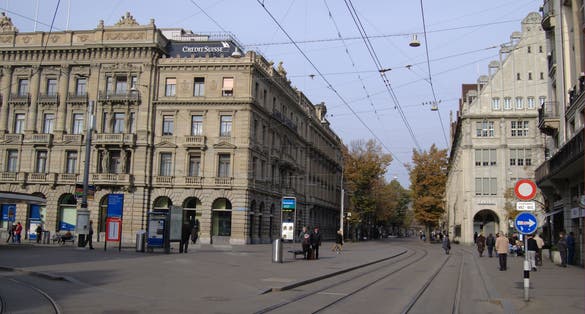 photo of banks on "Paradeplatz" and the famous "Bahnhofstrasse" (train station street) in Zurich, Switzerland.