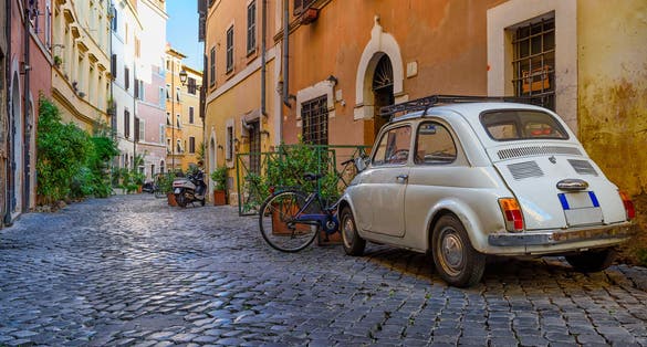 Cozy old street in Trastevere in Rome, Italy. Trastevere is rione of Rome, on the west bank of the Tiber in Rome, Lazio, Italy. Architecture and landmark of Rome.