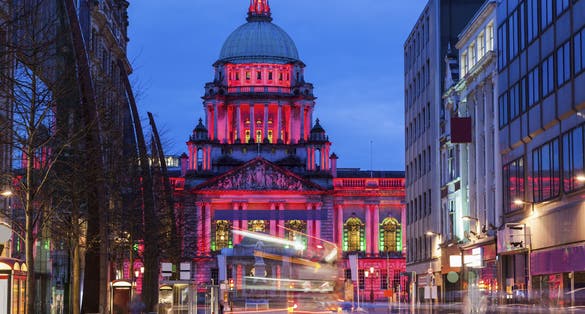 Illuminated Belfast City Hall at evening. Belfast, Northern Ireland, United Kingdom.