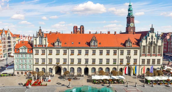 Photo of aerial view of market Square in Wroclaw, Poland.