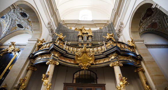 Krakow, Poland - May 15, 2023. Vintage organ in interi.or of Church of Saints Peter and Paul in Krakow, Poland