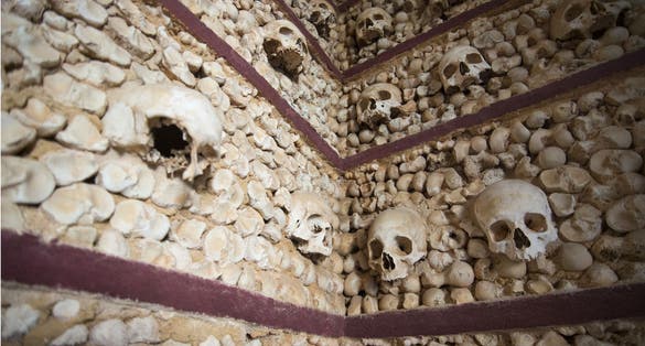 the capela dos ossos at the Igreja do Carmo in the old town of Faro at the east Algarve in the south of Portugal in Europe.