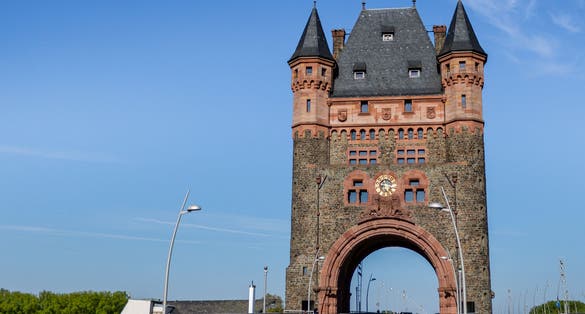Nibelungentower in Worms, Germany. The tower is directly at the river Rhine and is the gate to Worms.