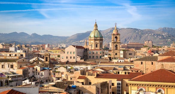 Palermo, Sicily town skyline with landmark towers in the morning.