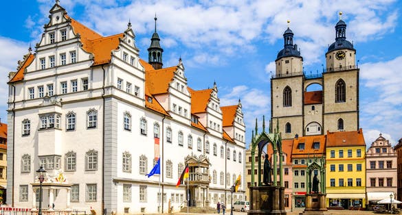 Photo of famous old town with historic buildings in Wittenberg, Germany.