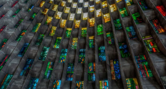 Photo of the baptistry window of Coventry Cathedral by John Piper, UK.