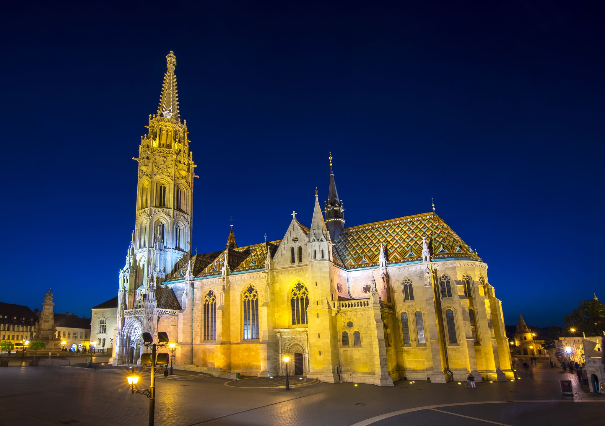 Photo of Matthias Church at Fisherman's bastion at night, Budapest, Hungary.