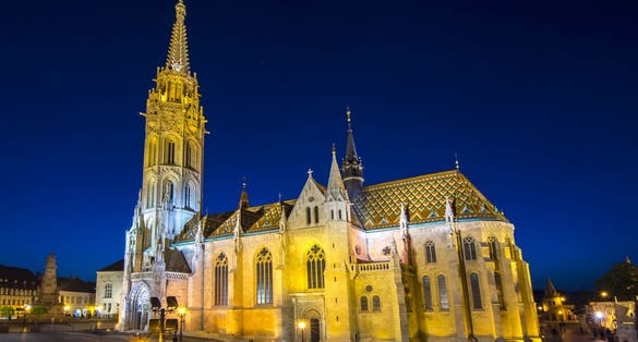Photo of Matthias Church at Fisherman's bastion at night, Budapest, Hungary.