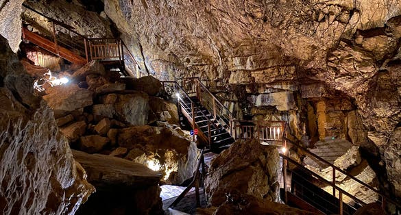 photo of the stairs inside the Vallorbe caves (Grottes de Vallorbe) in Switzerland.