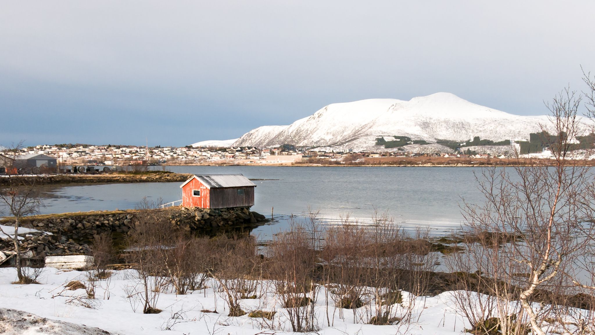photo of view of View of Stokmarknes and Hadsel fjord on Vesteralen in northern Norway