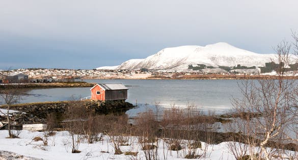 photo of view of View of Stokmarknes and Hadsel fjord on Vesteralen in northern Norway