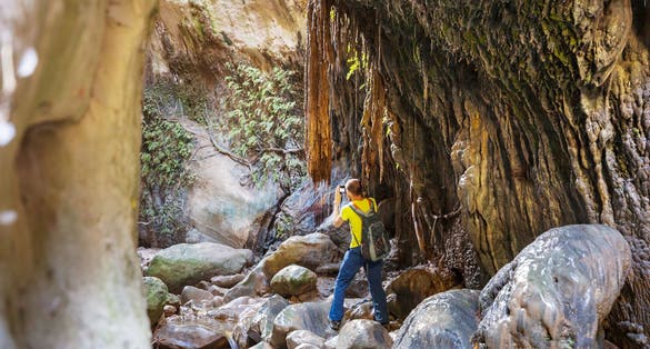 Photo of tourist in Avakas Gorge. Paphos District, Cyprus.