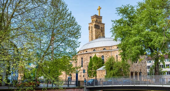 Photo of Sacred-Heart Church in Pforzheim with blue sky, Germany.