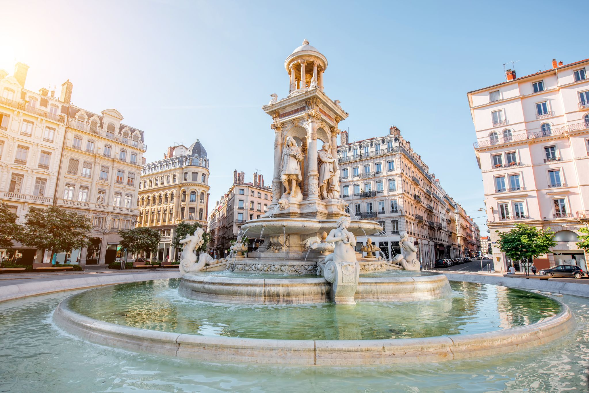 Photo of morning view on Jacobins square and beautiful fountain in Lyon city, France.