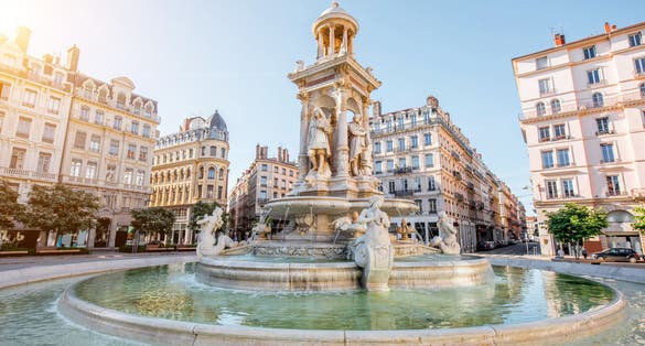 Photo of morning view on Jacobins square and beautiful fountain in Lyon city, France.