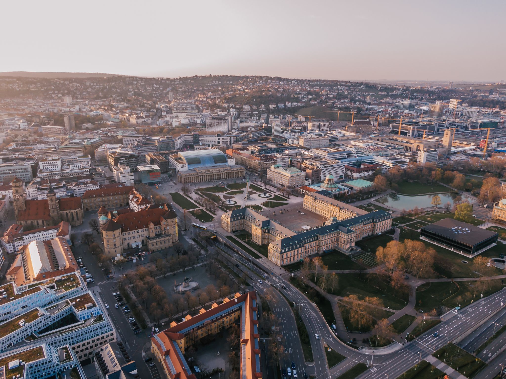 Photo of aerial of the famous Schlossplatz in Downtown Stuttgart, Germany.