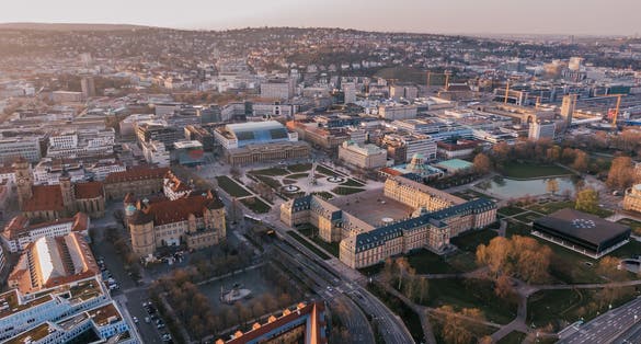 Photo of aerial of the famous Schlossplatz in Downtown Stuttgart, Germany.