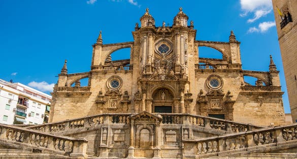 Wonderful view of the Cathedral of Jerez de la Frontera, city in the province of Cadiz in the community of Andalusia, in southwestern Spain. Jerez, Cadiz, Spain