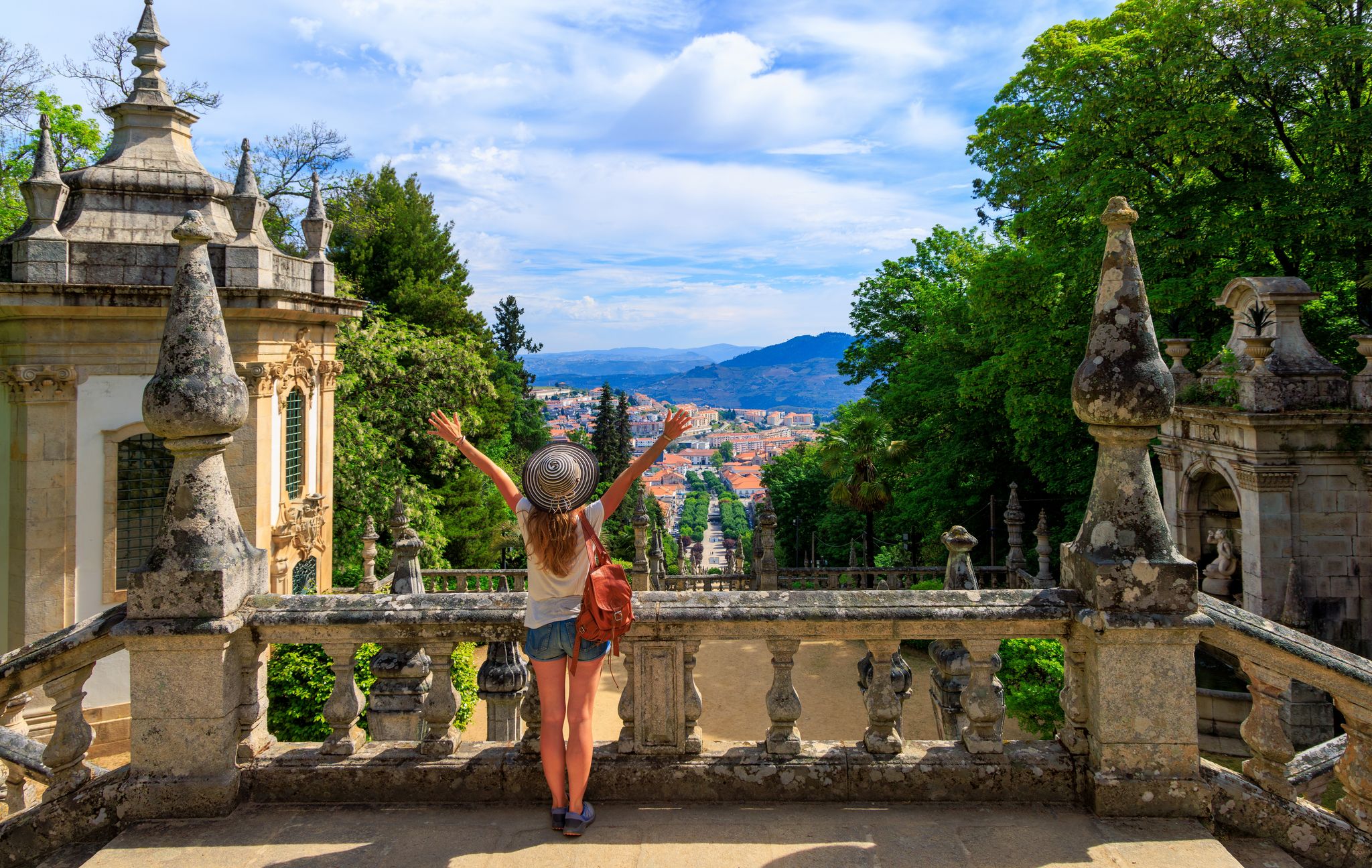 Woman tourist in Portugal- Sanctuary Nossa Senhora dos Remedios in Lamego- Viseu distric