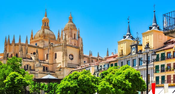 Photo of Plaza Mayor  with Segovia Cathedral at background, Segovia, Spain.