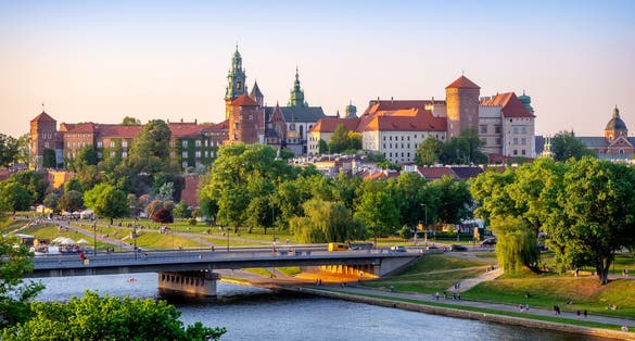 Photo of Wawel castle and cathedral, Vistula river, Podwawelski bridge, Krakow, Poland. 