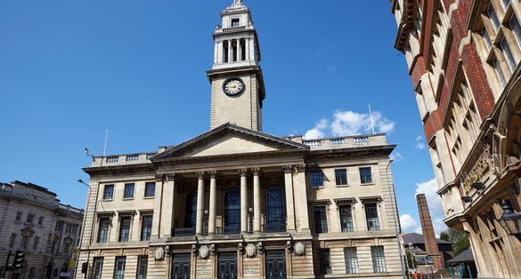 Front facade of low gate frontage of the grade 2 listed 'Guildhall' in Kingston Upon Hull, architect Sir Edwin Cooper